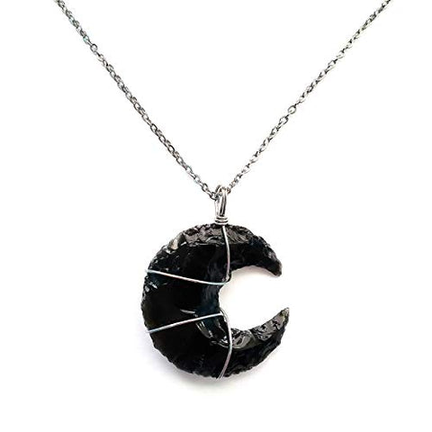 Black Obsidian Crystal Crescent Moon Necklace Gift