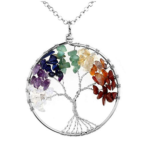 Jovivi Crystal Quartz Tree of Life Necklace 7 Chakras Healing Gemstone Pendant