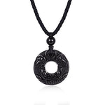 HASKARE Natural Energy Stone Pendant Engraved Black Obsidian Healing Necklace Adjustable Size 27.5inch