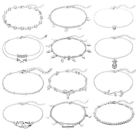 12Pcs Anklets for Women Silver Gold Ankle Bracelets Set Boho Layered Beach Adjustable Chain Anklet Foot Jewelry