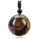 Top Plaza 7 Chakra Natural Healing Crystal Stone Pendant Necklace Adjustable Resin Ammonite Fossil Spiral Necklace for Women Men