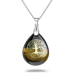 Ylwjewelry Tree of Life Crystal Stone Necklace,Teardrop Heart Healing Stones Pendant Chakra Crystals Birthstone Jewelry Spiritual Gifts for Men Women (Tiger Eye Stone)