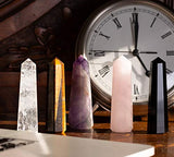 Premium Set of Five Large 3" Crystal Wands - Clear Quartz, Amethyst, Rose Quartz, TIgers Eye, Black Obsidian Crystals and Healing Stones - Fully Charged - Ready for Use/Display in Home or Office Decor