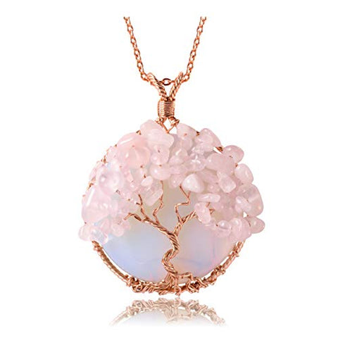 Top Plaza Healing Crystal Synthetic Opal Rose Quartz Round Stone Pendant Necklace Tree of Life Copper Wire Wrapped Necklaces Handmade Reiki Quartz Gemstone Jewelry for Womens