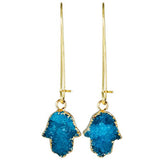 SUNYIK Natural Crystal Geode Druzy Quartz Kidney Hook Dangle Earrings for Women, Buddha Palm, Blue