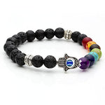 Jovivi 7 Chakras Gemstone Bracelet Lava Stone Reiki Healing Balancing Round Beads - Hamsa Hand