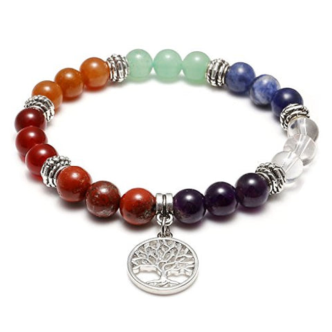 Jovivi 7 Chakras Yoga Meditation Healing Balancing Round Stone Beads Stretch Bracelet with Tree of Life Charm