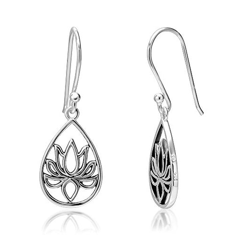 925 Sterling Silver Lotus Flower Blossom Teardrop Dangle Hook Earrings