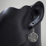 925 Stelring Silver Filigree Flower of Life Mandala Cut Open Flat Round Dangle Hook Earrings 1.4"