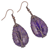 TUMBEELLUWA Natural Crystal Tree of Life Teardrop Earrings Copper Wire Wrapped Fishhook Dangle Earrings Healing Chakra Jewelry for Women, Amethyst