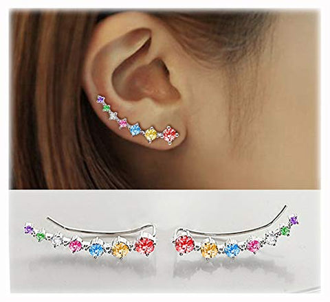 7 Crystals Ear Cuffs Hoop Climber S925 Sterling Silver Earrings Hypoallergenic Earring (Colorful)