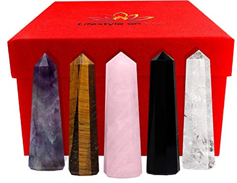 Premium Set of Five Large 3" Crystal Wands - Clear Quartz, Amethyst, Rose Quartz, TIgers Eye, Black Obsidian Crystals and Healing Stones - Fully Charged - Ready for Use/Display in Home or Office Decor