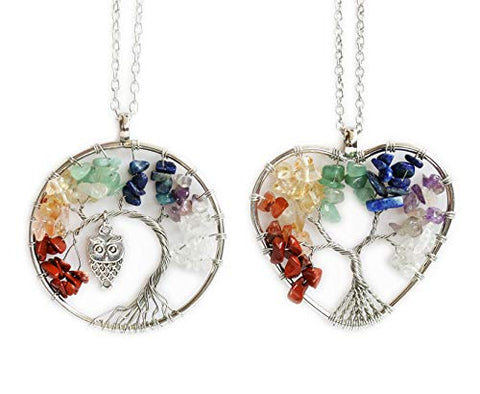 HEDQFM 2 PCS Handmade Tree Necklace 7 Chakra Gemstone Necklace Tree of Life and Circular Owl Heart-Shaped Pendant Necklace for Women