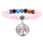 Jovivi 7 Chakras Rose Quartz Healing Crystal Bracelet Natural Round Stone Beads Yoga Balancing Quartz Jewelry Tree of Life Tumbled Gemstone Stretch Bracelet w/Gift Box