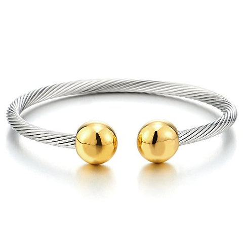 COOLSTEELANDBEYOND Elastic Adjustable Mens Stainless Steel Twisted Cable Magnetic Bangle Bracelet Silver Gold Two-Tone
