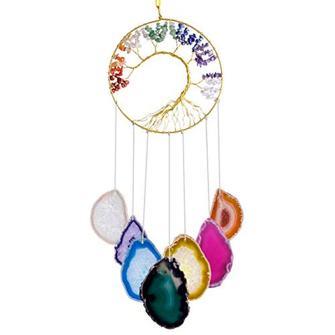 rockcloud Healing Crystals Tree of Life Wall Hanger Agate Slices Meditation Hanging Ornament Window Ornament Home Decor, Multicolor