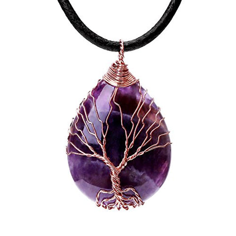 Tree of Life Teardrop Heart Amethyst Crystal  Pendant Necklace Copper Wire Wrapped Gemstone Healing Chakra Necklace Choker Mothers Day Gifts 18"
