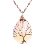 Jovivi Vintage Man-Made Opalite Crystal Necklace Wire Wrapped Copper Tree of Life Teardrop Gemstones Chakra Pendant Necklace for Women