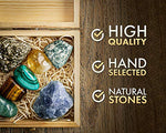 Crystalya Premium Grade Crystals and Healing Stones for Abundance and Prosperity in Wooden Box - Malachite, Pyrite, Citrine, Aventurine, Blue Calcite, Tree Agate, Tiger's Eye Gemstones + Info Guide