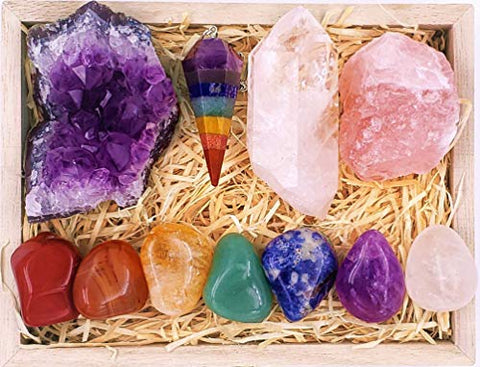 Premium Healing Crystals Kit in Wooden Box - 7 Chakra Set Tumbled Stones, Rose Quartz, Amethyst Cluster, Crystal Points, Chakra Pendulum + 82 Page E-Book + 20x6 Reference Guide Poster, Ribbon Bow
