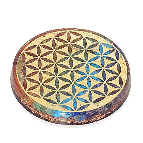 Orgonite Crystal Water Charging Plate –Chakra Balancing Coaster and Positive Energy Generator Flower of Life and with 7 Healing Crystals for EMF Protection(4 Inch Diameter)