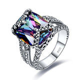 Merthus 925 Sterling Silver Ring, Antique Style Created Mystic Rainbow Topaz Floral Chunky Band Ring for Women Size 7