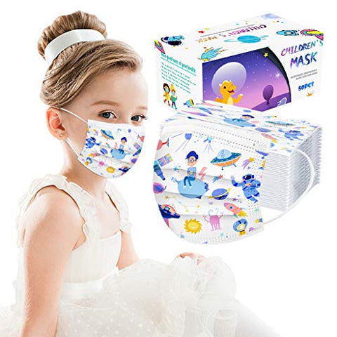 3 Ply Non-Woven and Breathable, Cute Cartoon 50Pcs Face+Bandanas with Cute Printing, No Washable,Anti-Haze Dust, for Kids (Space Flying Saucer)