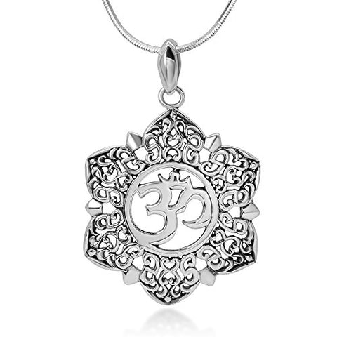 Chuvora Sterling Silver Open Filigree Lotus Flower Om Ohm Aum Symbol Pendant Necklace for Women, 18"