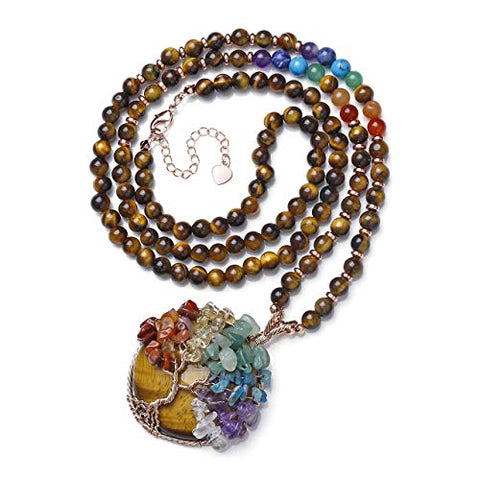 Top Plaza 7 Chakra Healing Crystal Tiger Eye Stone Natural Round Gemstone Pendant Necklace Tree of Life Copper Wire Wrapped Beads Necklaces Reiki Jewelry for Women