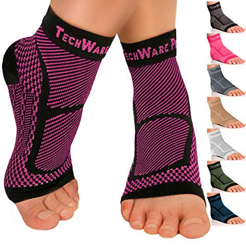 TechWare Pro Ankle Brace Compression Sleeve - Relieves Achilles Tendonitis, Joint Pain. Plantar Fasciitis Foot Sock with Arch Support Reduces Swelling & Heel Spur Pain. (Black / Pink, L / XL)