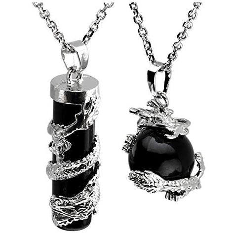 Jovivi 2pc Dragon Wrapped Black Agate Round Ball Cylinder Gemstone Healing Crystal Pendant Necklace Set