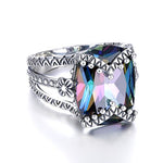 Merthus 925 Sterling Silver Ring, Antique Style Created Mystic Rainbow Topaz Floral Chunky Band Ring for Women Size 7