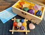 Chakra Synergy Healing Crystal Collection in Wooden Box, 16 pcs, 7 Raw Chakra Stones, 7 Chakra Spheres, 1 Natural Amethyst crystal point, 1 Rose Quartz Heart Key Chain, Guide, Meditation Spirituality