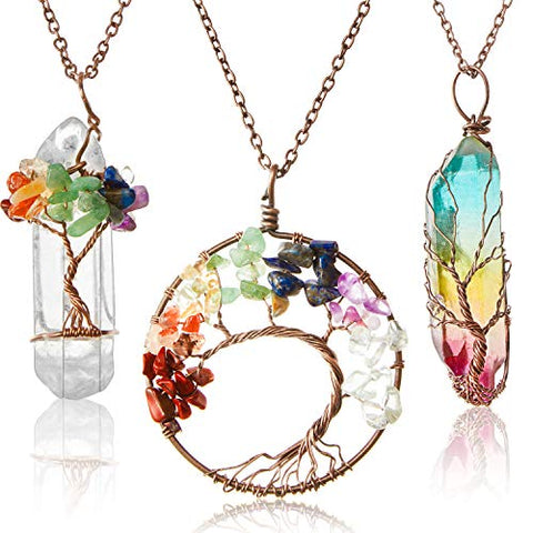 3 Pieces Tree Life Pendant Tree Life Quartz Crystal Pendant Necklace Chakra Gemstone Copper Wire Wrap Necklace (Warm Style)