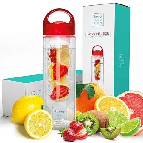 Savvy Infusion Water Bottles - Fruit Infuser Bottle with Unique Leak Proof Silicone Sealed Cap - Perfect for Runs, Walks, Hikes, and Outdoor Activities - Tritan Shatter Proof Plastic - 24 oz Red