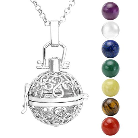 Jovivi Chakra Necklace 16mm Natural Gemstones 7 Chakras Ball Stones Beads Hollow Flower Locket Pendant Reiki Healing Energy Beads 28" Set w/Gift Box