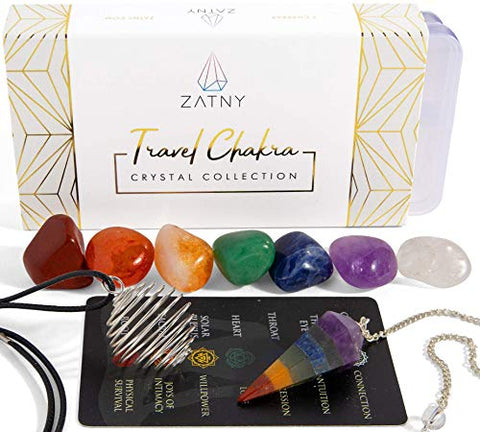 ZATNY Travel Chakra Crystals Collection - 7 Chakra Set Tumbled Stones, Chakra Pendulum, Interchangeable Cage Necklace, Reference Card, Portable Case, Ebook
