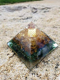 Abundance Orgone Pyramid 3 layers of Natural stones (Green Jade,Tiger's Eye &Citrine) with The Flower of Life Symbol | Orgonite Energy Generator with Crystal Point & Reiki Energy