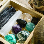 Crystalya Premium Grade Crystals and Healing Stones for Protection EMF in Wooden Box– Obsidian, Fluorite, Malachite, Hematite, Amethyst, Tree Agate, Quartz, Selenite, Tourmaline Gemstones + Info Guide