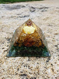 Abundance Orgone Pyramid 3 layers of Natural stones (Green Jade,Tiger's Eye &Citrine) with The Flower of Life Symbol | Orgonite Energy Generator with Crystal Point & Reiki Energy