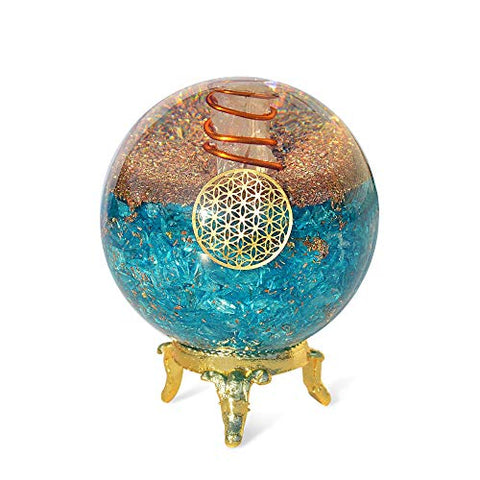 Orgonite Crystal Blue Aquamarine Crystal Ball with Stand for Positive Energy, EMF Protection and Chakra Balancing –with Flower of Life Symbol to Promote Purpose, Serenity and Courage