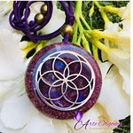 Orgonite necklaces, Seed of Life, Sacred Geometry symbol for EMF protection, handmade, violet color with amethyst, moonstone, rose quartz, resin. wellness, balance, yoga, meditation, Arte Orgones