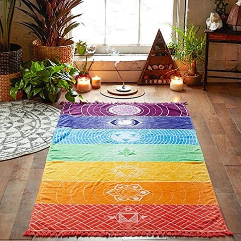 USHOT Rainbow Chakra Tapestry Towel Yoga Mat Sunscreen Shawl Tapestry Hippy Boho Gypsy