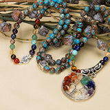 Bivei 108 Mala Beads Bracelet - 7 Chakra Tree of Life Real Healing Gemstone Yoga Meditation Mala Prayer Bead Necklace(Agate)