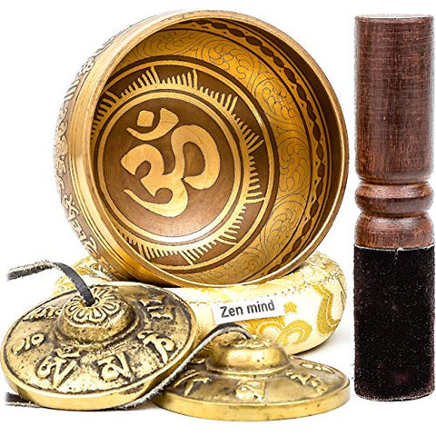 4 Inch Tibetan Singing Bowl Set Bundle by Zen Mind Design - with Antique Tingsha Cymbals, Rosewood Mallet, Silk Cushion, Eco-Friendly Box and E-Book - for Yoga, Meditation and Sound Healing Therapy