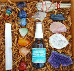 Premium Healing Crystals Full Gift Set/Includes 7 Chakra tumbles, Crystal Pendulum, Amethyst Cluster, Raw Rose Quartz, and Crystal Point/Bohemian Meditation Kit